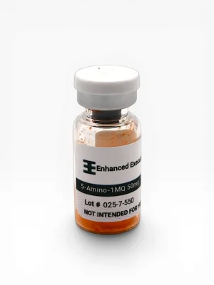 Enhanced Executive 5-Amino-1MQ 50mg single peptide vial with white cap on white background