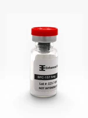 Enhanced Executive BPC-157 5mg peptide vial with red cap on white background