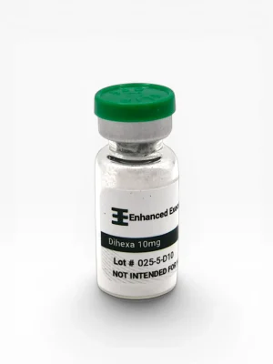 Enhanced Executive Dihexa 10mg peptide vial with green cap on white background