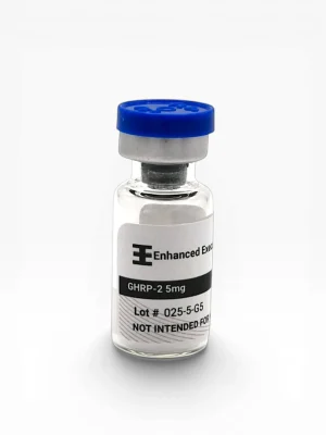 Enhanced Executive GHRP-2 5mg peptide vial with blue cap on white background