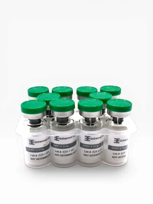Enhanced Executive GHRP-6 5mg peptide vials 10-pack with green caps on white background