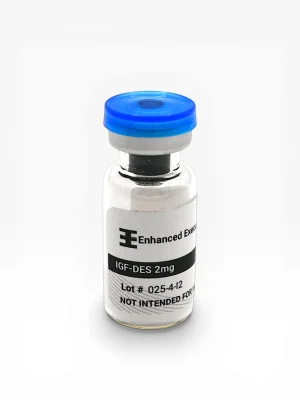 Enhanced Executive IGF-DES 2mg peptide vial with blue cap on white background