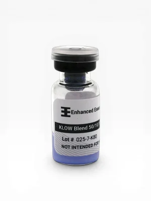 Enhanced Executive KLOW Blend 50/10 peptide vial with black cap on white background