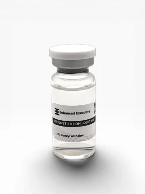 Enhanced Executive Reconstitution Solution 0.9% benzyl alcohol clear vial with white cap on white background
