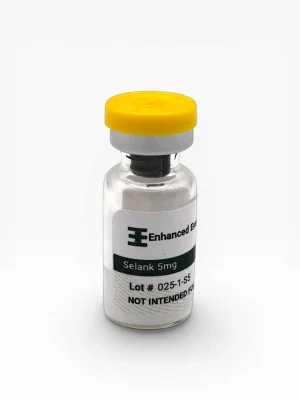 Enhanced Executive Selank 5mg peptide vial with yellow cap on white background