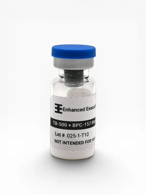 Enhanced Executive TB-500 and BPC-157 blend peptide vial with blue cap on white background